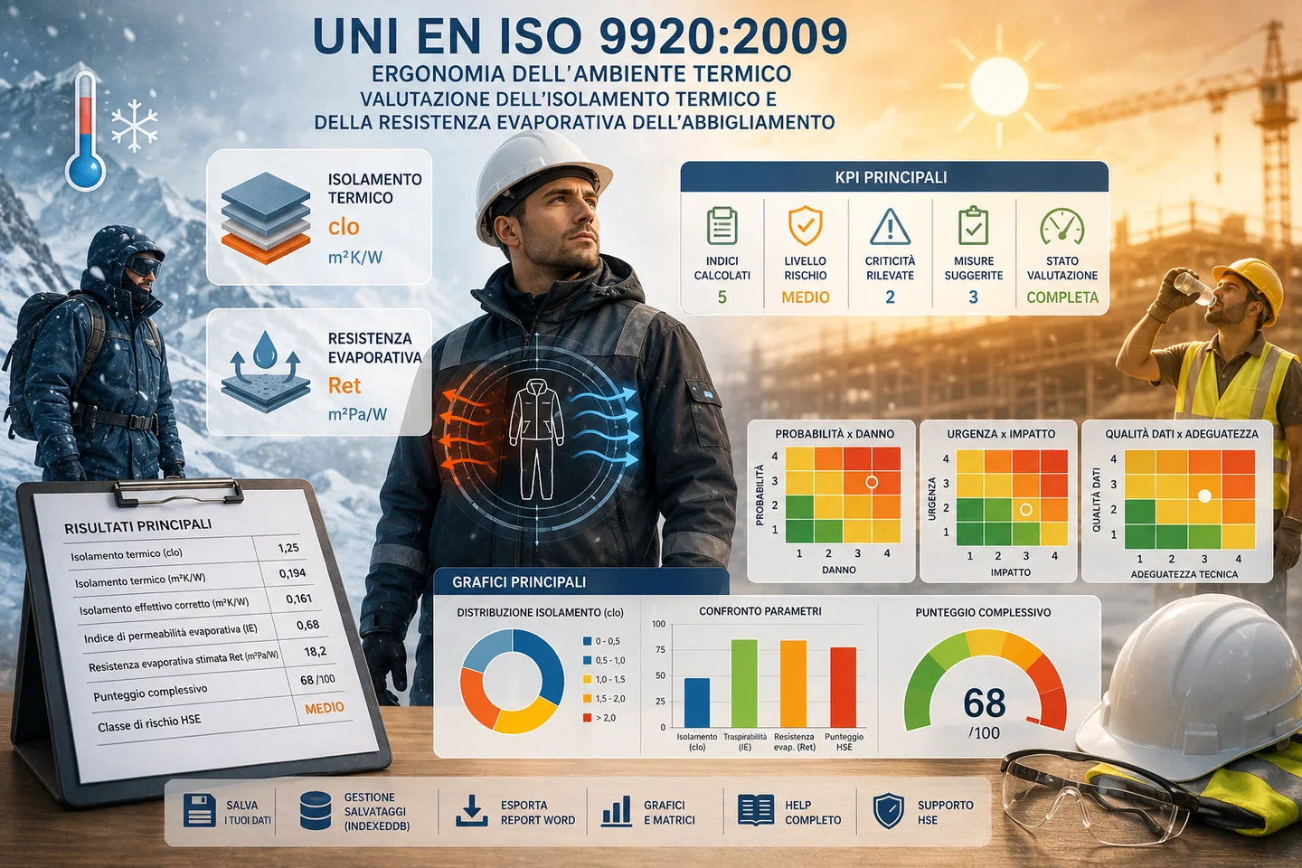 Infografica professionale UNI EN ISO 9920 con lavoratori in condizioni di caldo e freddo, isolamento clo, resistenza evaporativa, KPI e matrici